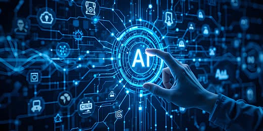 Futuristic computer AI interface with glowing human face and tech elements